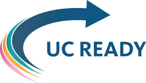 Logo for UC Ready Sweeping arrow with three colors to blue